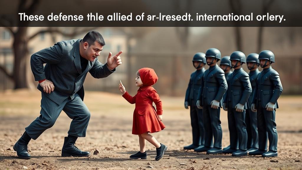 A symbolic image of a bully on a playground trying to take something from a smaller child, while a group of taller, stronger figures (representing the allied nations) stands protectively behind the child, symbolizing the defense of a 'rules-based international order'.