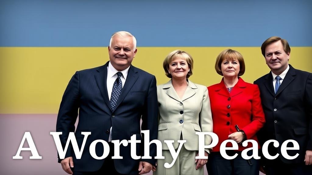 Leaders of Ukraine, UK, France, and Germany standing united shoulder-to-shoulder with the words 'A Worthy Peace' in the background.