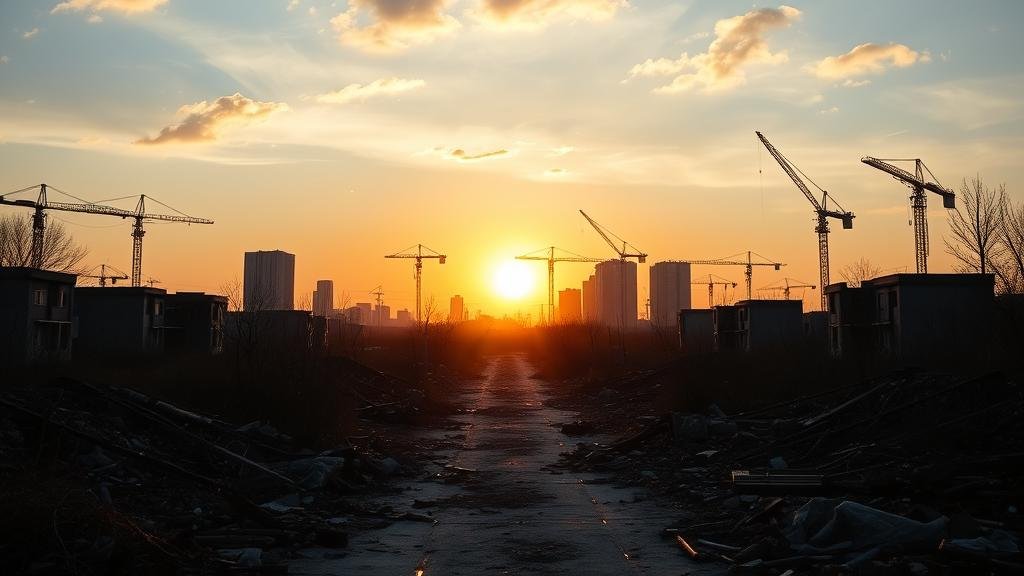 A war-torn Ukrainian landscape with silhouettes of new construction and cranes against a rising sun, symbolizing hope and reconstruction.