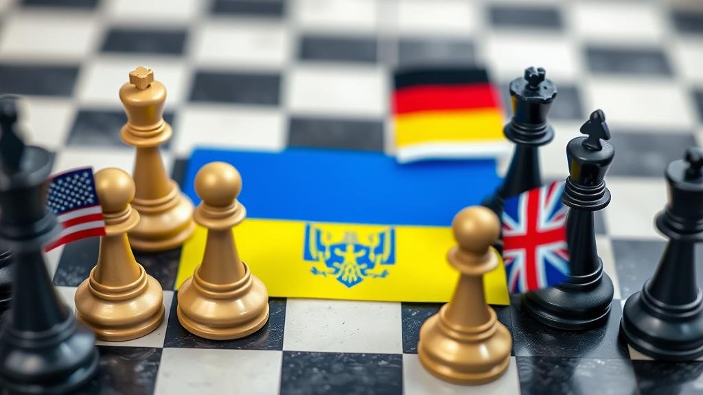 A geopolitical chessboard with pieces representing world powers positioned around a central Ukrainian flag.