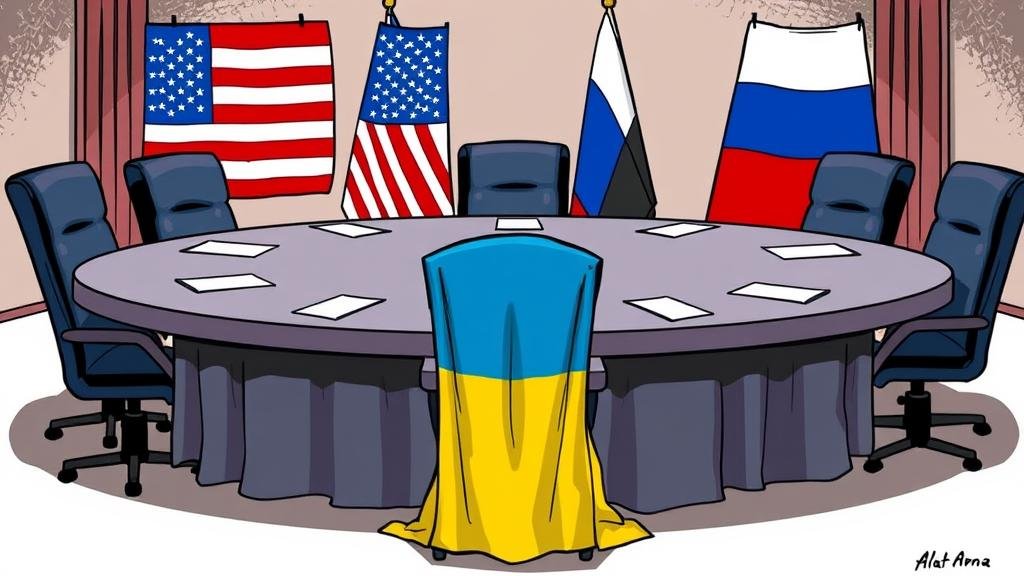 A stylized illustration of a round table with US and Russian flags, and an empty chair with a Ukrainian flag, symbolizing Ukraine's exclusion from peace talks.