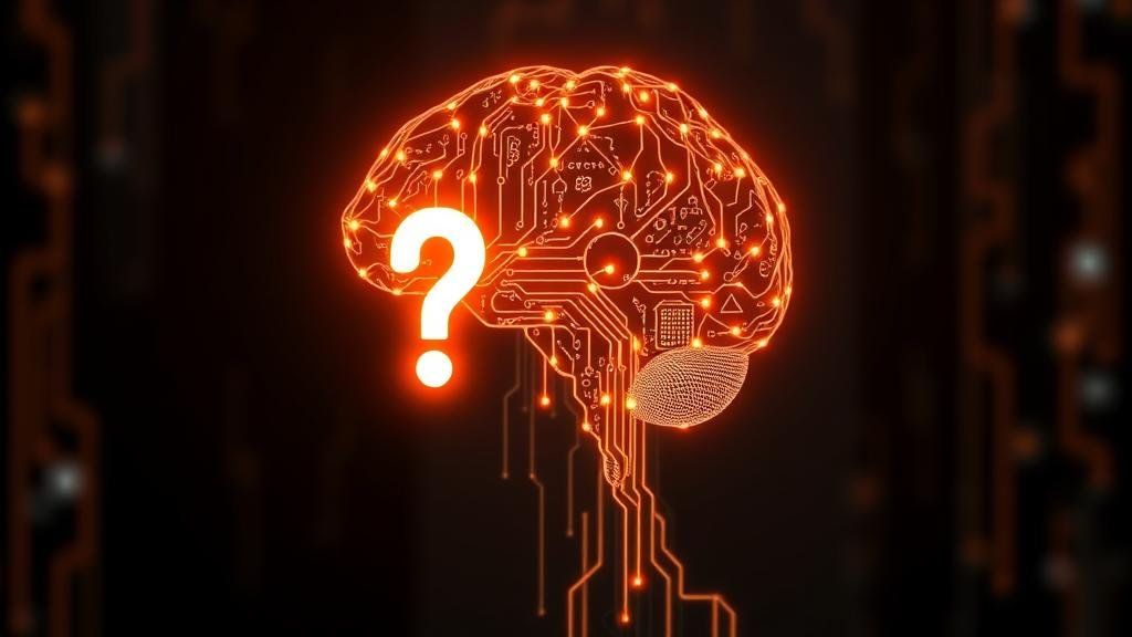 A stylized human brain made of glowing circuits and data streams, with a question mark subtly integrated, representing the future potential and ethical questions of AI.