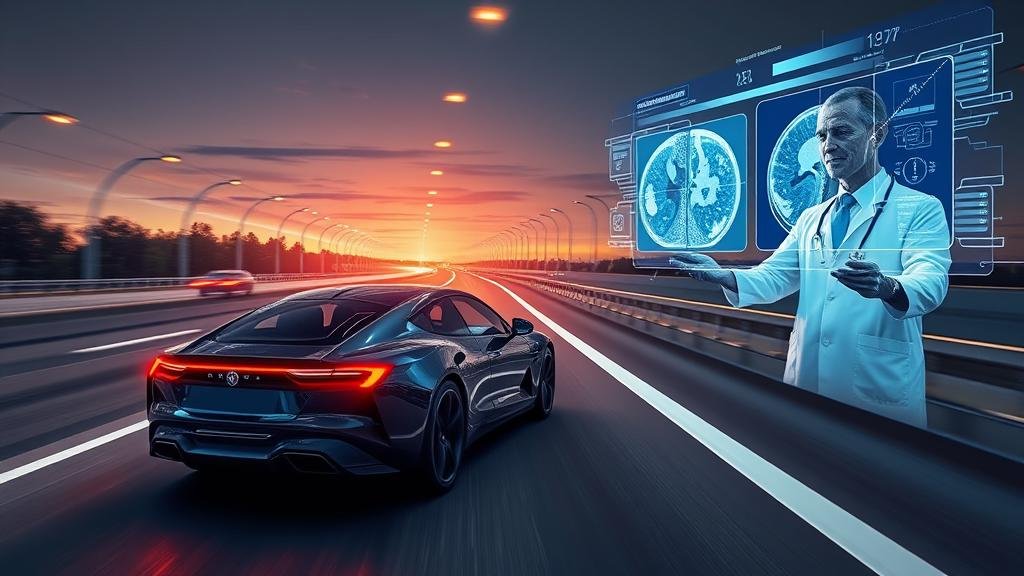 A futuristic car driving on a smart highway with digital overlays showing data and sensor information, while in the background a doctor examines a medical scan on a holographic display with AI insights highlighted.