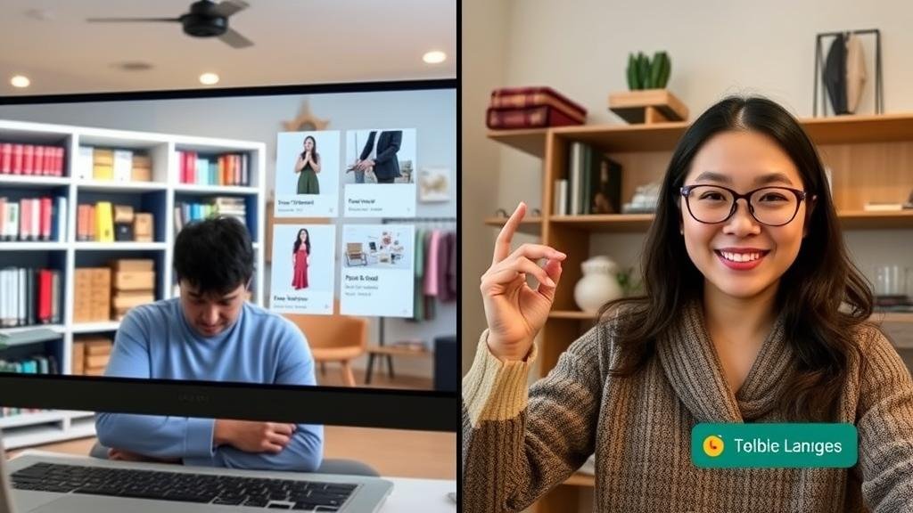 A split screen showing a user shopping online with personalized recommendations, and a real-time language translation during a video call.