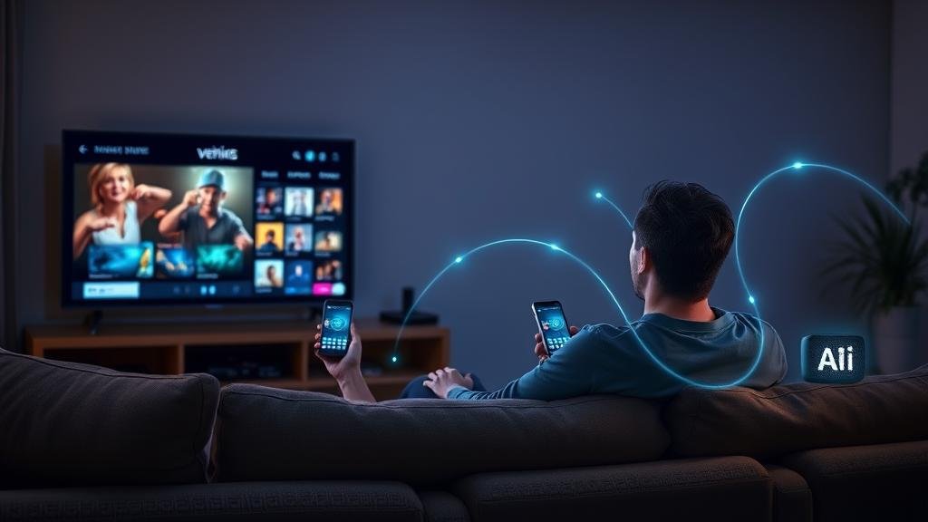 A person on a couch watching a streaming service, with glowing lines connecting the TV to their smartphone and smart speaker, symbolizing the interconnectedness of AI in their daily life.