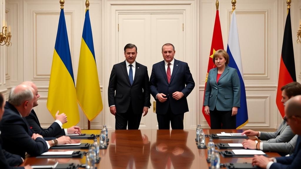 A high-stakes diplomatic meeting showing the leaders of Ukraine, UK, France, and Germany standing united, symbolizing their joint statement and a firm stance against a controversial peace plan.