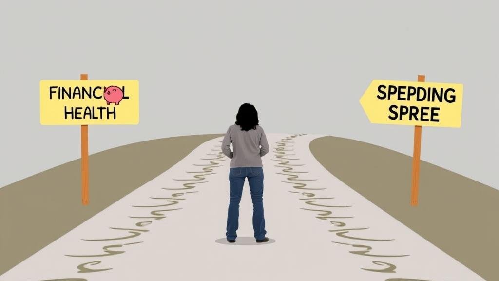 A person at a crossroads. One path leads to a sign with a piggy bank and 'Financial Health,' while the other, slightly more tempting path, leads to a sign with 'Spending Spree.' The person is looking thoughtfully towards the 'Financial Health' path, representing a smart financial decision.