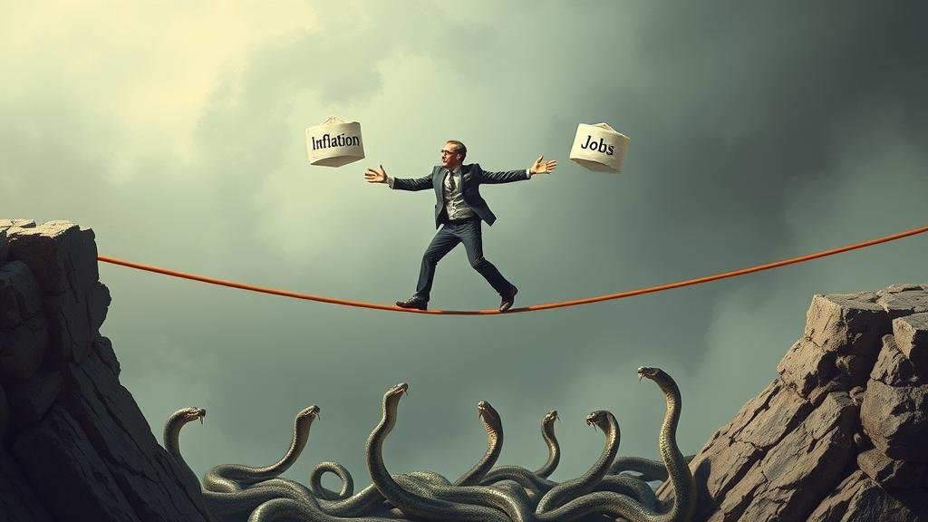 A visual metaphor of a tightrope walker juggling two items labeled 'Inflation' and 'Jobs' over a pit of snakes, representing the Fed's precarious task.