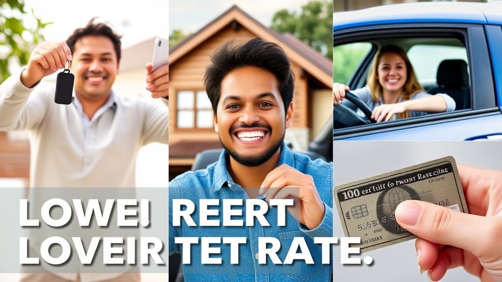 A montage of happy people benefiting from lower interest rates: someone getting keys to a new house, a person driving a new car, and a credit card being cut up or paid off.