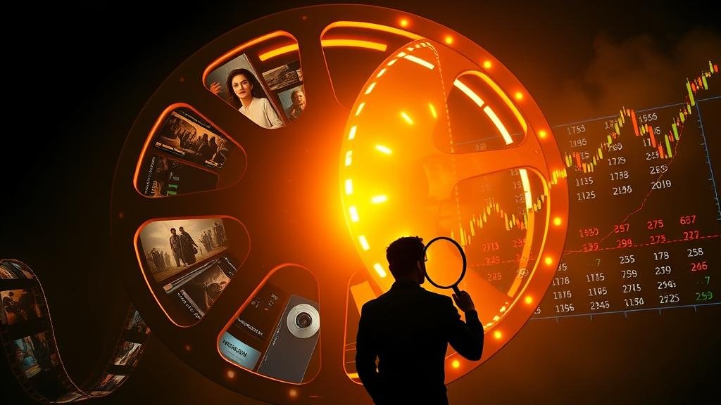 An epic, cinematic shot of a massive, glowing film reel transforming into a volatile stock market graph. On one side of the reel, iconic movie scenes are projected, while on the other, the stock tickers of major media companies flicker and fluctuate.