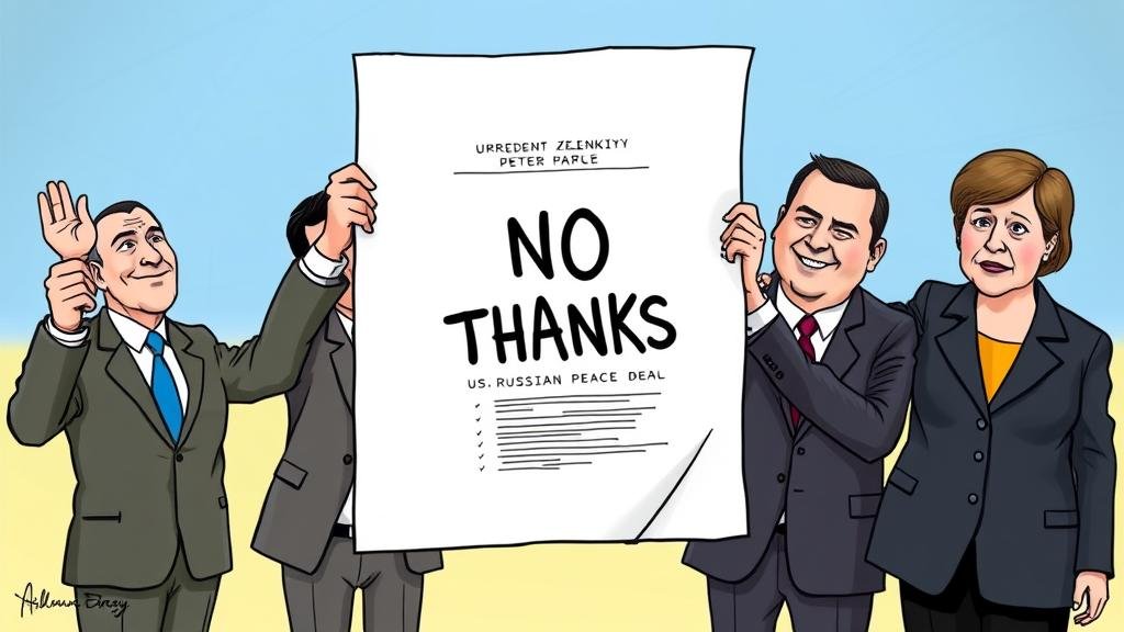 A political cartoon depicting Ukrainian President Zelenskyy, alongside the leaders of the UK, France, and Germany, jointly holding up a giant 'NO THANKS' sign in response to a document titled 'US-Russian Peace Deal' being offered to them.