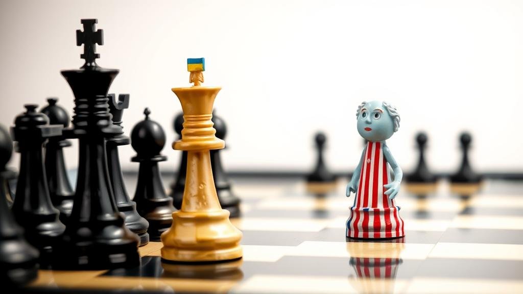 A geopolitical chessboard where a Ukrainian-flagged chess piece, backed by several EU-flagged pieces, has put a Russian-flagged piece in check. An American-flagged piece is shown on the side, looking surprised and slightly awkward, symbolizing the diplomatic setback for Russia and the miscalculation by the U.S.