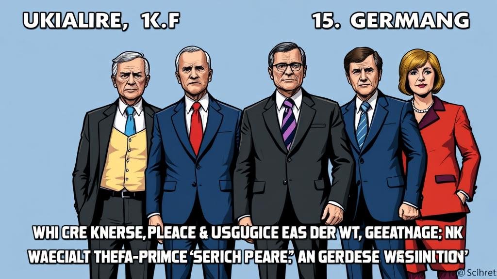 An illustration of the leaders of Ukraine, the UK, France, and Germany standing together as a united front, portrayed in a heroic 'Avengers of Diplomacy' style. This represents their strong, unified message to both Moscow and Washington against the proposed peace deal.