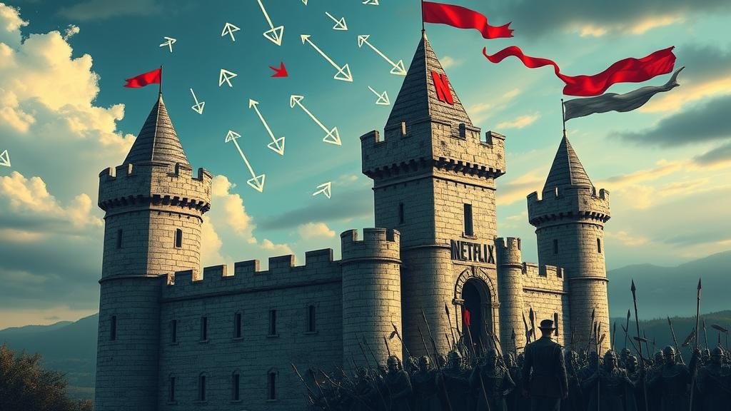 An allegorical image of a medieval castle, with turrets shaped like the logos of Netflix and Comcast, under siege. The castle walls are crumbling, and the sky is filled with digital arrows and symbols of new technology.