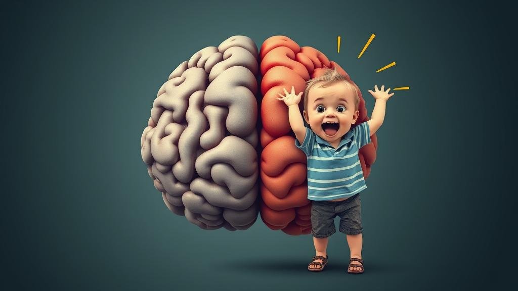 A brain split in two: one side is a responsible adult and the other is a playful, distracting toddler.
