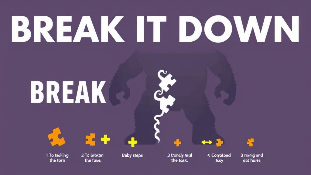 A giant, scary monster representing a large task being broken down into small, manageable puzzle pieces.