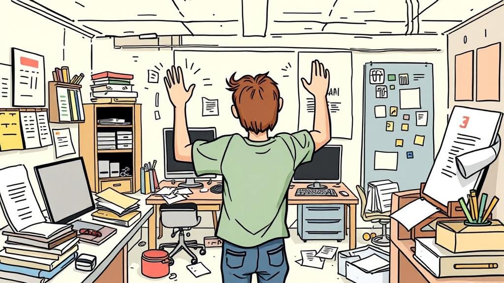 Illustration of a person giving themself a high-five in a messy workspace, representing self-forgiveness.