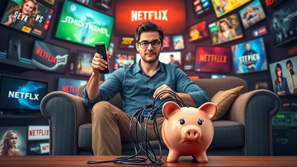 A slightly overwhelmed but determined person sitting on a couch, surrounded by a chaotic whirlwind of glowing screens, each displaying a different streaming service. The person is holding a remote control like a weapon, trying to navigate the sea of content.