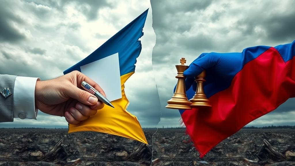 A torn Ukrainian flag pulled between a US hand offering a pen and a Russian hand holding a chess piece, symbolizing Ukraine's difficult choice.