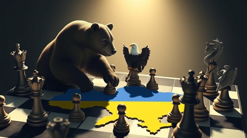 A geopolitical chessboard shaped like Ukraine, with world leaders as pieces, emphasizing the high-stakes strategic nature of the conflict.