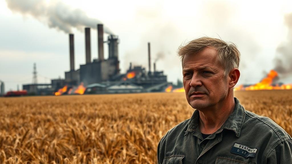 A destroyed Ukrainian factory and a burning wheat field, representing the immense economic cost and loss of critical assets due to the war.