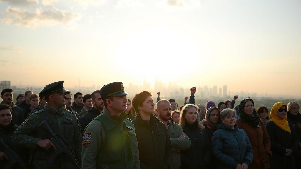 A unified group of Ukrainian citizens and soldiers standing resolutely together, looking towards a rising sun over Kyiv, symbolizing hope and defiance.
