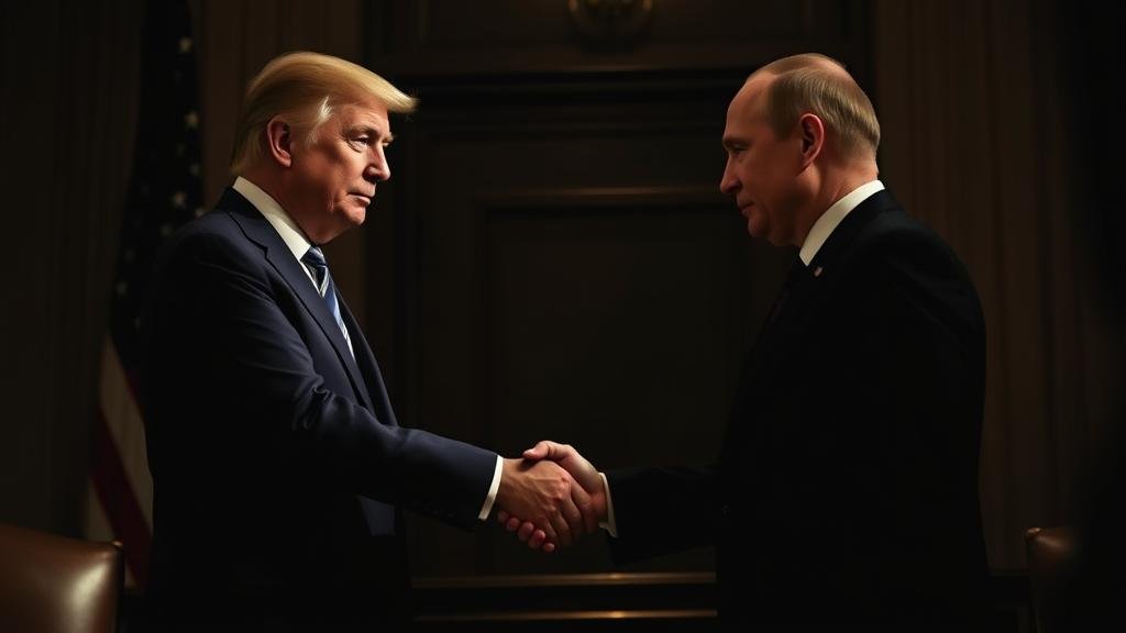 A U.S. and Russian president shaking hands in a somber, high-stakes deal with unforeseen consequences.