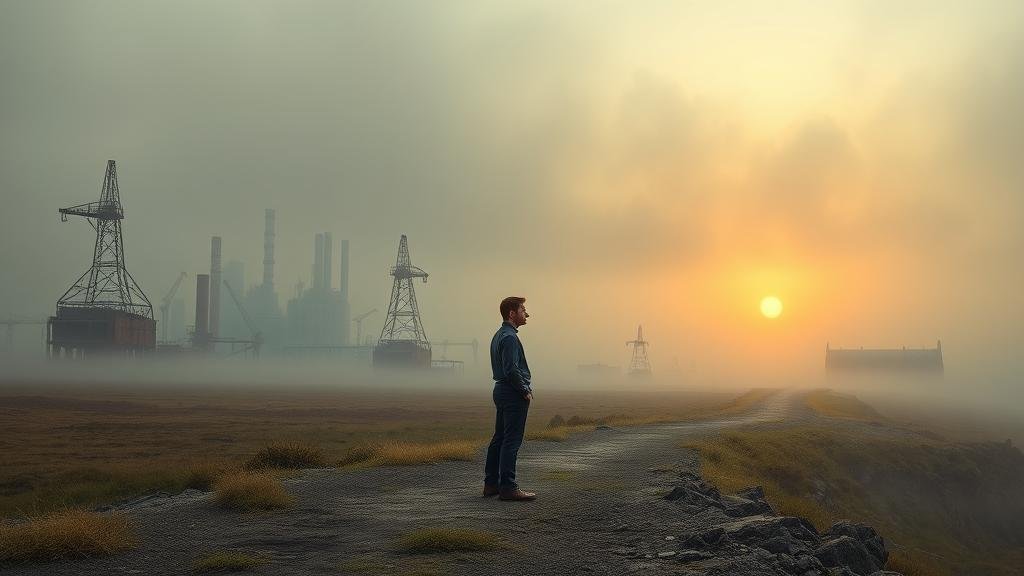 Abstract image of a stock market chart crashing downwards into a cityscape with oil rigs and factories.