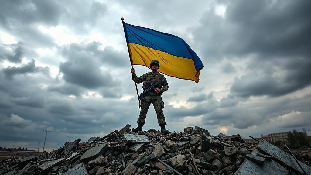 A lone Ukrainian soldier stands defiantly on a pile of rubble, holding a tattered but still waving Ukrainian flag against a dramatic and cloudy sky.