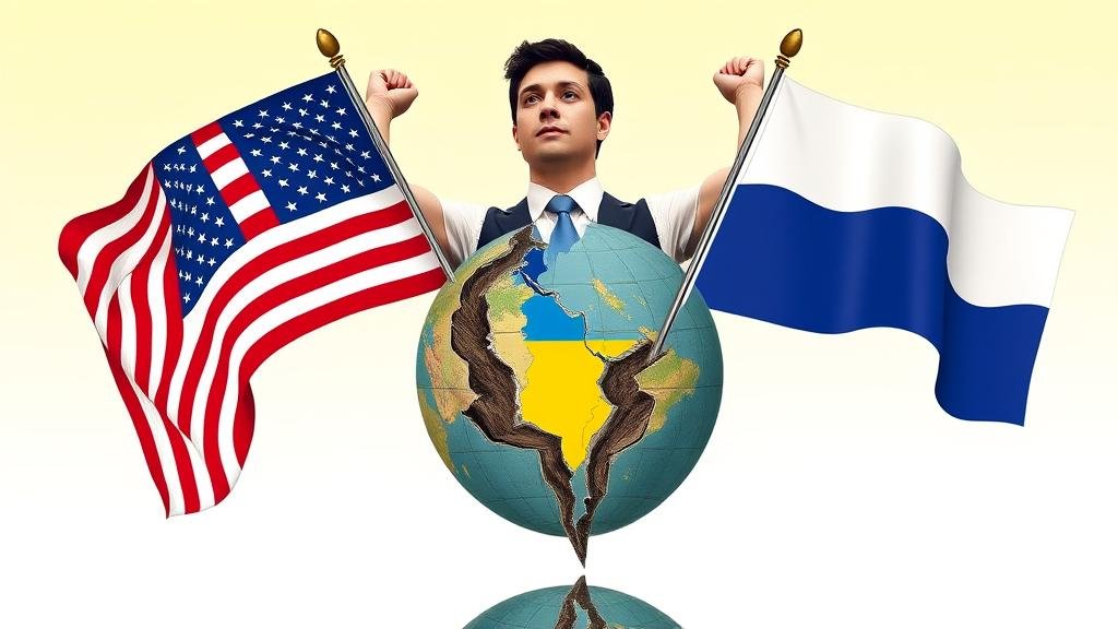 Ukrainian President Zelenskyy is depicted as a modern-day Atlas, bearing the weight of a globe that is cracked and divided between the flags of the US and Russia.