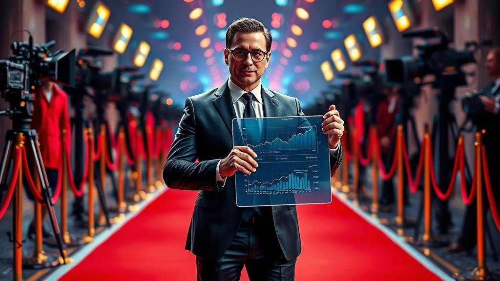 A striking visual of a modern tech billionaire, clad in a sleek, futuristic suit, standing on a classic Hollywood red carpet. The background is a mix of traditional film cameras and glowing data streams, symbolizing the clash between old entertainment and new technology.