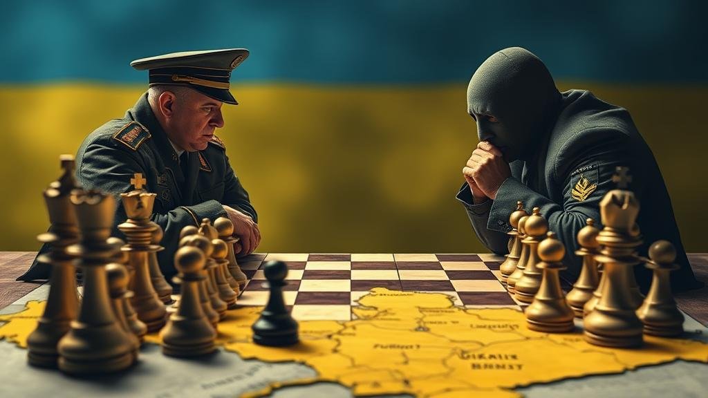 A high-stakes chess match between a Ukrainian general and a shadowy figure, with the chessboard made of a map of Ukraine.
