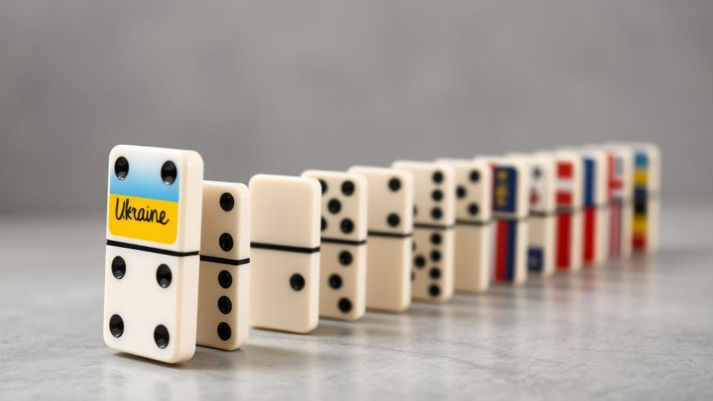A line of dominoes, starting with one labeled 'Ukraine,' is shown teetering, with the next dominoes representing other European nations, symbolizing the potential ripple effect of the conflict.