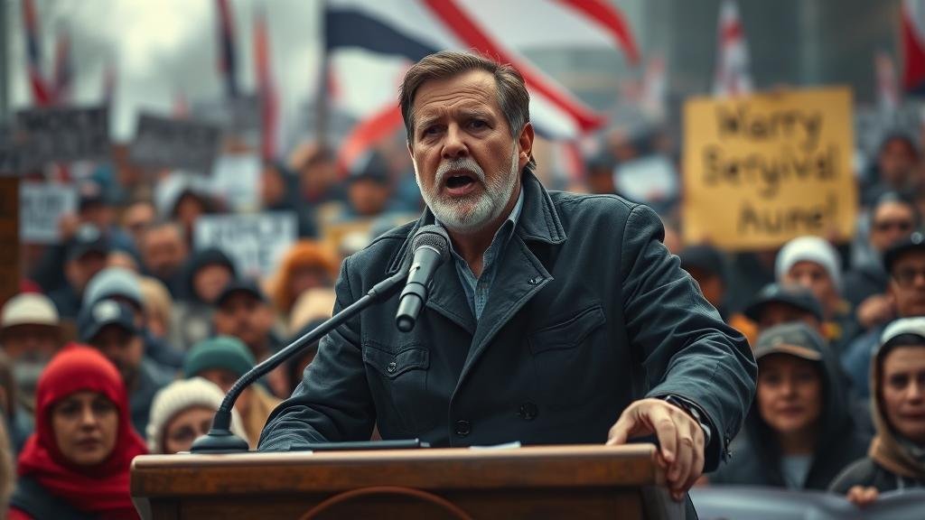 A powerful image of a charismatic leader speaking at a podium, with a crowd of protestors in the background.