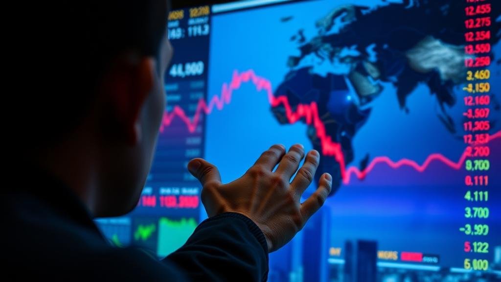 An image connecting global conflict to personal finance, showing a person worriedly looking at a stock market ticker showing falling prices.