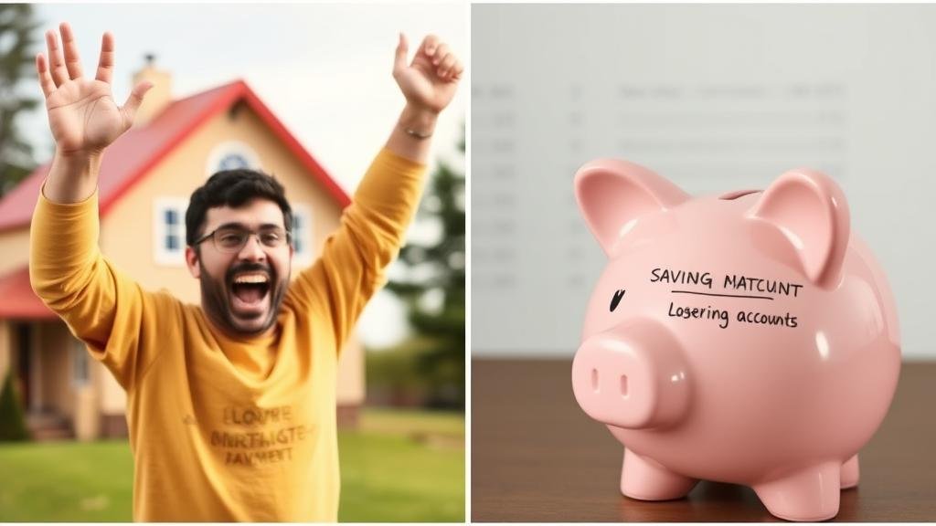 A split image showing a happy person with a low mortgage payment and a sad piggy bank with a low savings interest rate.