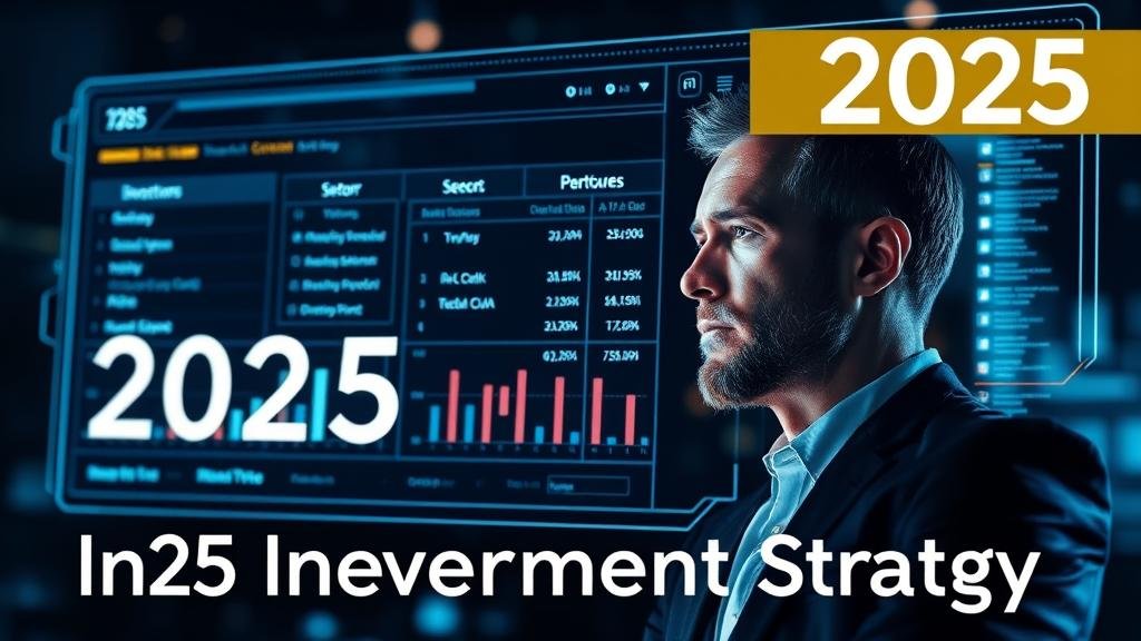 A thoughtful investor reviewing a diversified portfolio on a futuristic holographic interface, focusing on a 2025 strategy for AI and tech stocks.