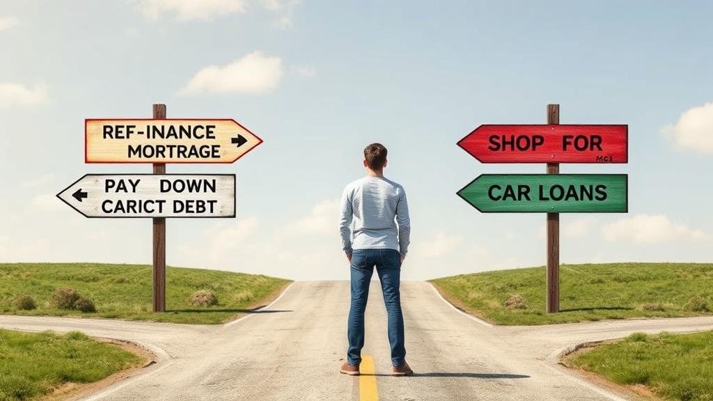 A person at a crossroads with signs for 'Refinance Mortgage,' 'Pay Down Credit Card Debt,' and 'Shop for Car Loans'.