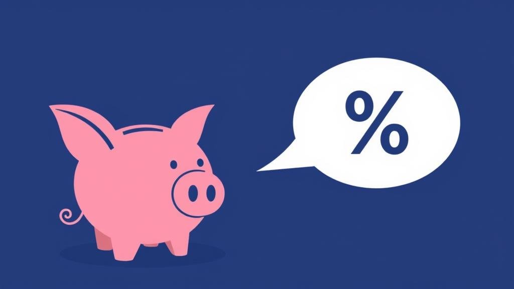 A stylized piggy bank with large ears listening to a speech bubble with a downward-trending arrow and percentage sign.