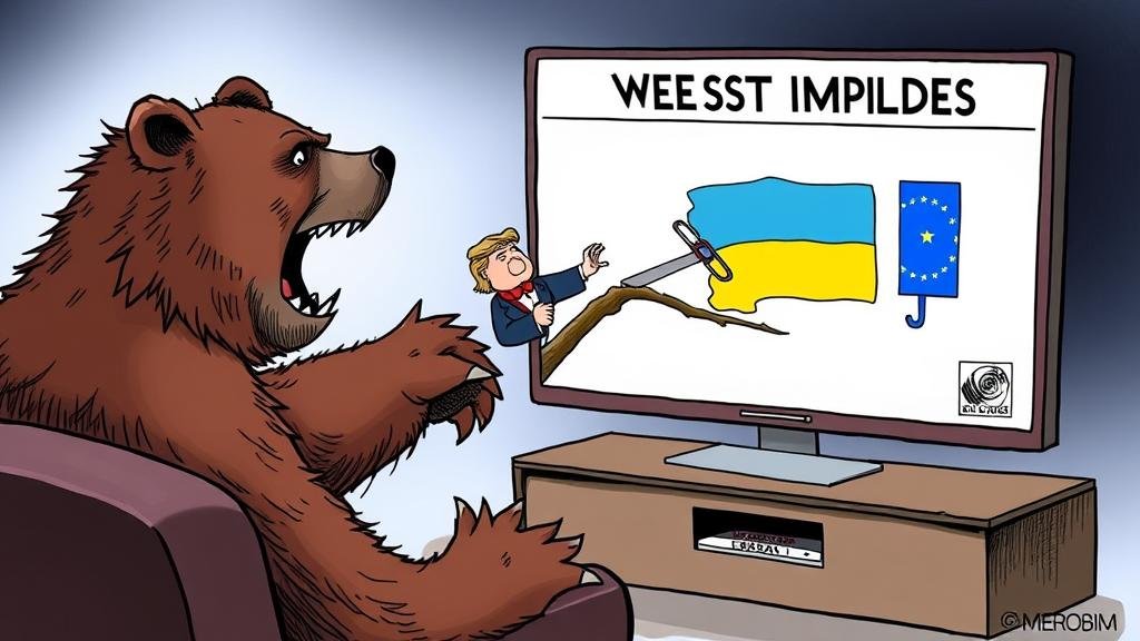 A political cartoon depicting a massive, roaring grizzly bear (representing Russia) watching a TV show titled 'The West Implodes.' On the screen, Uncle Sam is shown sawing the branch he and a figure representing the EU are sitting on, high above a vulnerable-looking Ukraine.