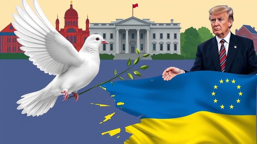 A peace dove offering a poisoned olive branch to a torn Ukrainian flag. In the background, a stylized Kremlin and White House are shaking hands, while a worried European Union official looks on.