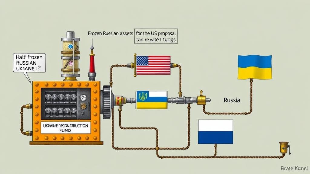 A visual metaphor for the US proposal as a complex, almost comically absurd Rube Goldberg machine. It starts with frozen Russian assets being fed into a machine labeled 'Ukraine Reconstruction Fund,' but halfway through, a large pipe diverts half the profits to a vault with an American flag. The final output is a tiny trickle of funds split between Ukraine and Russia.