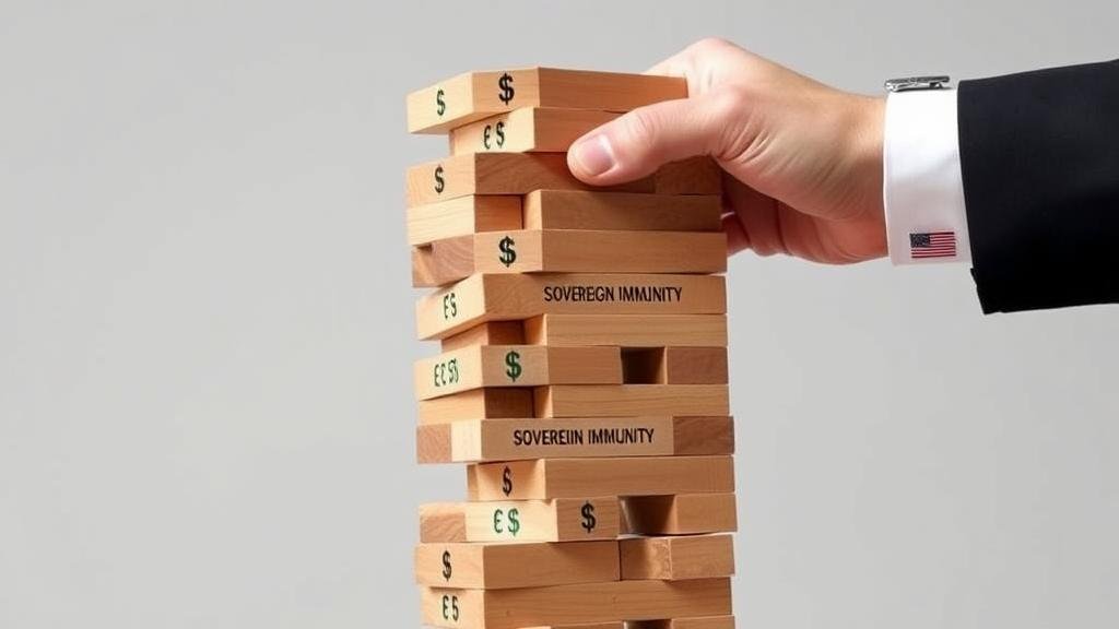 An image of the world's financial system as a Jenga tower. A hand with an American flag cufflink is recklessly pulling a foundational block labeled 'Sovereign Immunity,' causing the entire tower, which has symbols of various world currencies, to tremble and look like it's about to collapse.