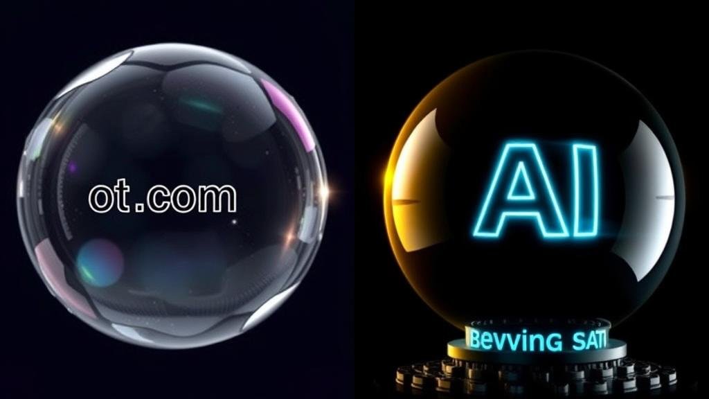 A symbolic comparison showing a fragile, bursting dot-com bubble versus a solid, glowing AI sphere built on a foundation of computer chips representing stable growth.
