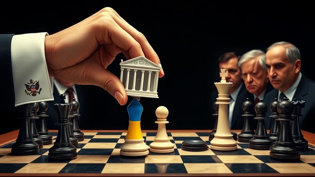 A high-stakes geopolitical chess game where a hand with an American flag cufflink moves a Ukrainian pawn into a precarious position between American and Russian king pieces.