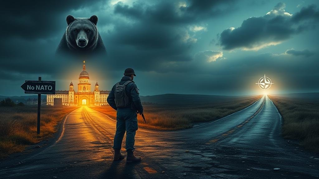 A Ukrainian soldier at a crossroads, choosing between a rebuilt city with a 'No NATO' sign guarded by a Russian bear, and a perilous path toward a distant NATO symbol.
