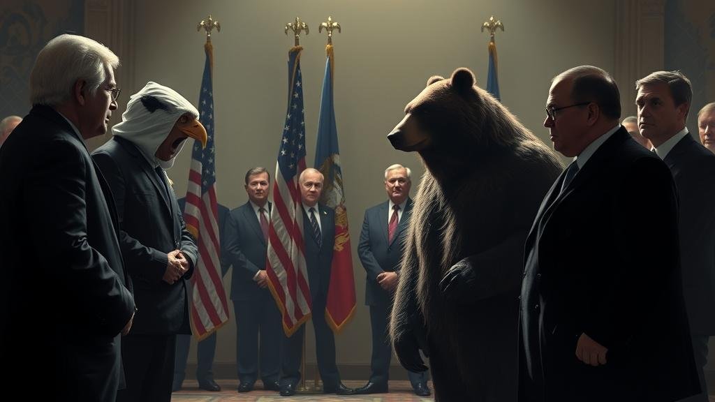 Shocked and sidelined European Union leaders watch in the shadows as an American eagle and Russian bear negotiate a secret peace plan.