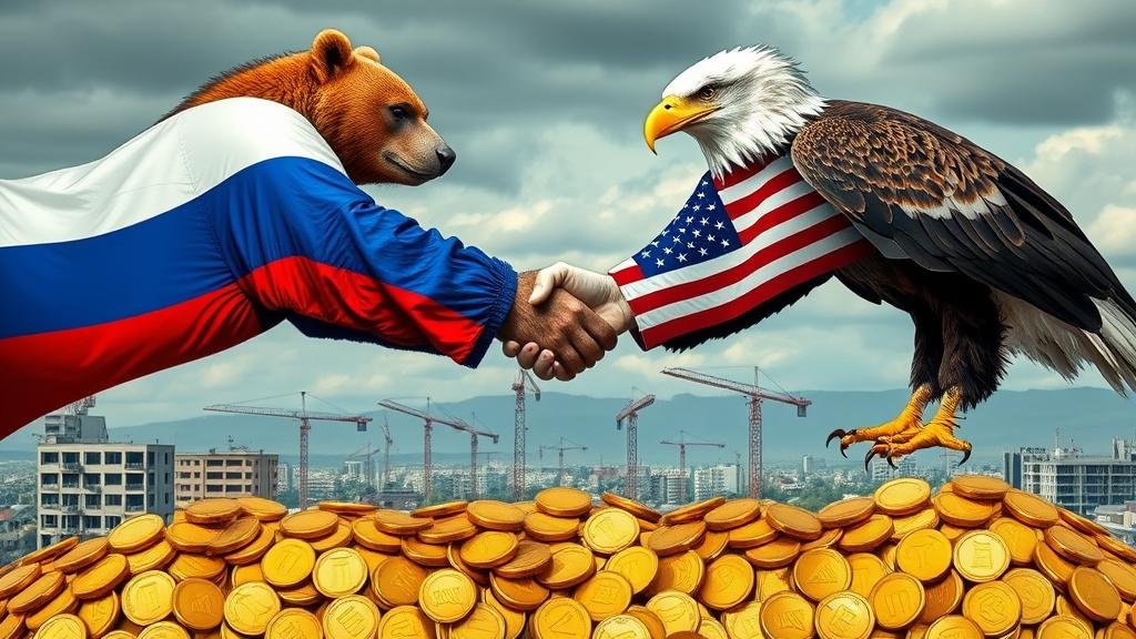 A symbolic and tense handshake between a Russian bear and an American eagle brokering a deal over a pile of gold coins, with a devastated but rebuilding Ukrainian city in the background.