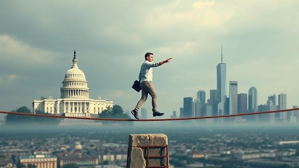 A symbolic image of a tightrope walker balancing between the US Capitol and a city skyline, representing the test of bridging political divides for the future of American governance.