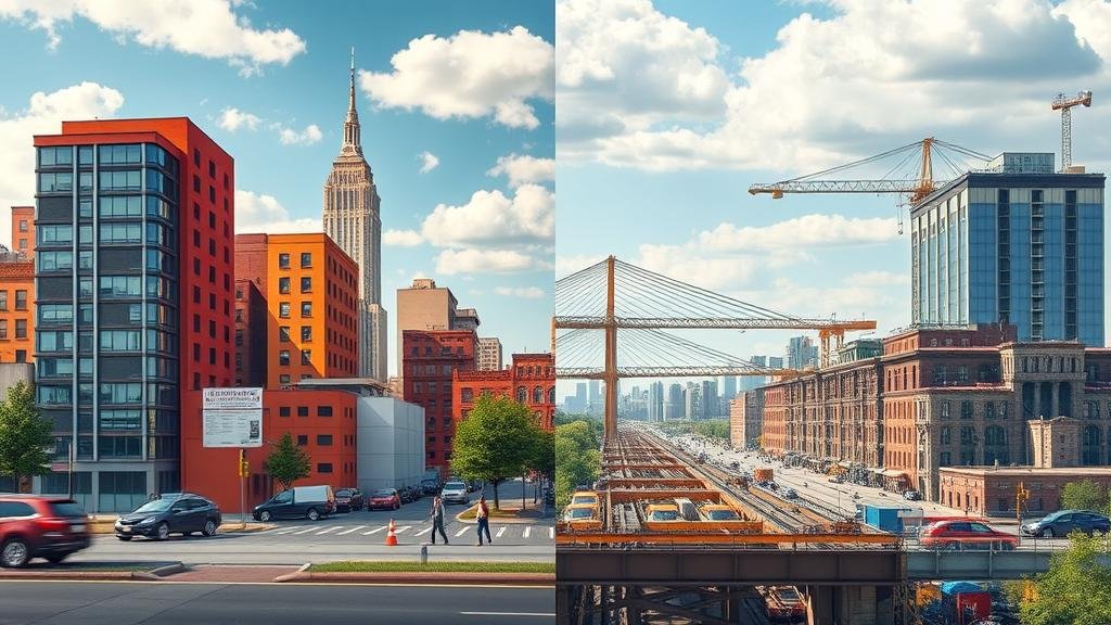 A visual metaphor depicting the clash of ideologies, split between a community-focused urban renewal project and a corporate-led infrastructure development, representing different approaches to fiscal policy.